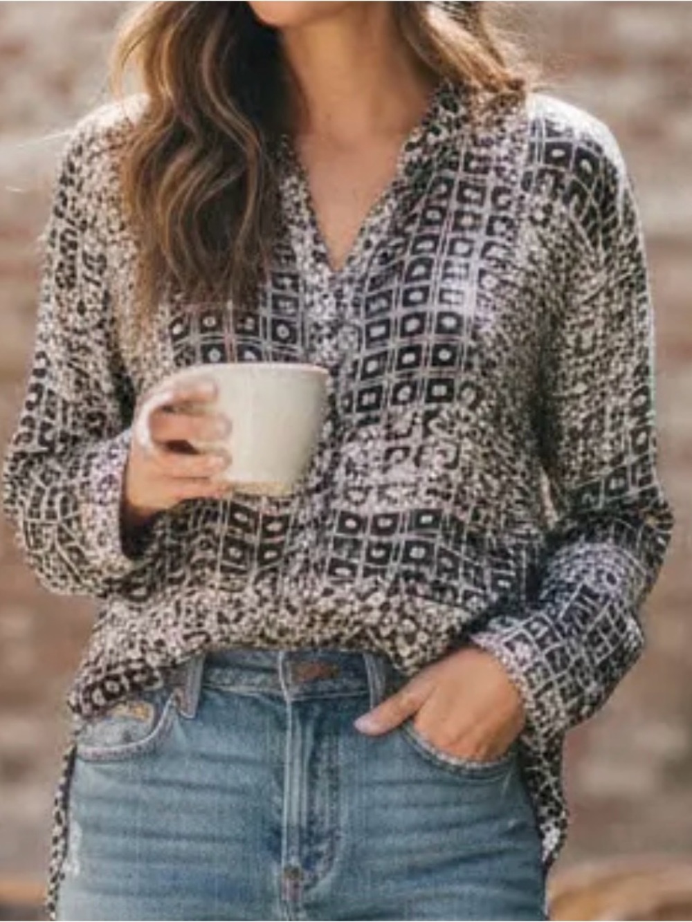 Free People Boho Button down  Print Black Cream Long Sleeve Blouse Small